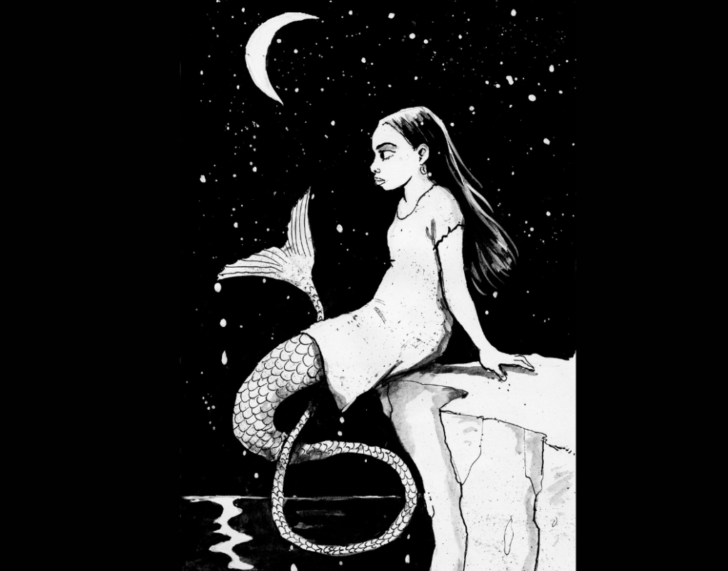 A drawing of a mermaid perched on a rock, illuminated by a moon in the night sky